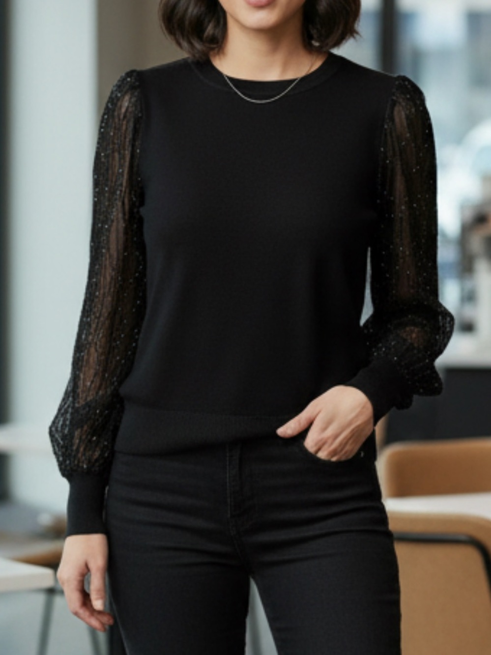 Black Sweater with Textured Shimmer Sheer Puff Sleeves
